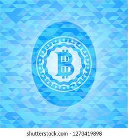 bitcoin icon inside light blue emblem with triangle mosaic background