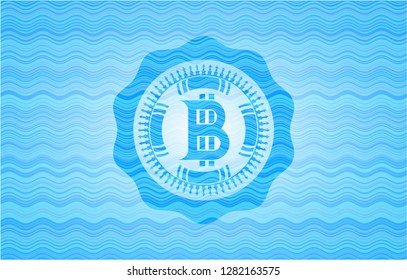 bitcoin icon inside light blue water wave badge.