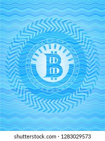 bitcoin icon inside light blue water wave badge background.