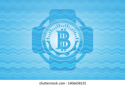bitcoin icon inside light blue water wave style emblem.