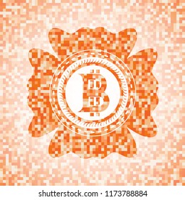bitcoin icon inside orange tile background illustration. Square geometric mosaic seamless pattern with emblem inside.