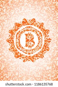 bitcoin icon inside orange tile background illustration. Square geometric mosaic seamless pattern with emblem inside.