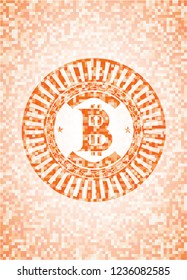 bitcoin icon inside orange tile background illustration. Square geometric mosaic seamless pattern with emblem inside.