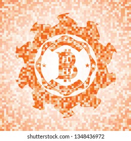 bitcoin icon inside orange tile background illustration. Square geometric mosaic seamless pattern with emblem inside.