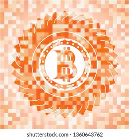 bitcoin icon inside orange tile background illustration. Square geometric mosaic seamless pattern with emblem inside.