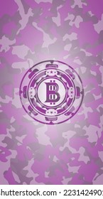 bitcoin icon inside pink camouflaged emblem. 