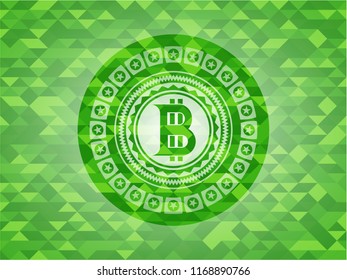 bitcoin icon inside realistic green emblem. Mosaic background