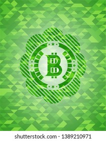 bitcoin icon inside realistic green emblem. Mosaic background