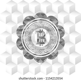 bitcoin icon inside realistic grey emblem with geometric cube white background