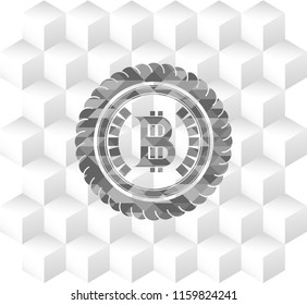 bitcoin icon inside realistic grey emblem with cube white background