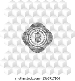 bitcoin icon inside realistic grey emblem with geometric cube white background
