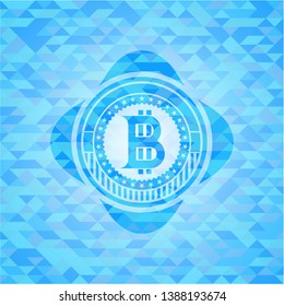 bitcoin icon inside realistic light blue emblem. Mosaic background
