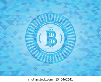 bitcoin icon inside realistic light blue emblem. Mosaic background