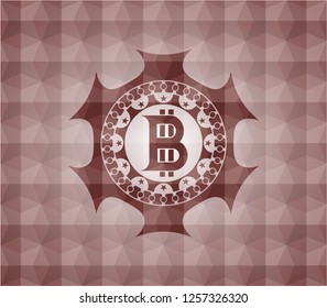 bitcoin icon inside red emblem or badge with geometric pattern background. Seamless.