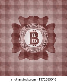 bitcoin icon inside red emblem with geometric pattern background. Seamless.