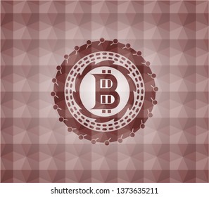 bitcoin icon inside red emblem or badge with abstract geometric polygonal pattern background. Seamless.