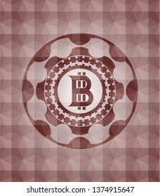bitcoin icon inside red emblem with geometric pattern background. Seamless.