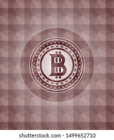 bitcoin icon inside red emblem or badge with abstract geometric polygonal pattern background. Seamless.