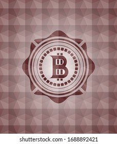 bitcoin icon inside red geometric badge. Seamless.
