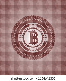 bitcoin icon inside red seamless emblem or badge with geometric pattern background.