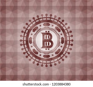 bitcoin icon inside red seamless emblem or badge with abstract geometric pattern background.