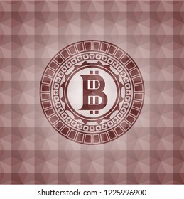 bitcoin icon inside red seamless emblem with geometric pattern background.