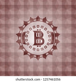 bitcoin icon inside red seamless badge with geometric pattern background.