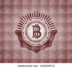 bitcoin icon inside red seamless emblem with geometric pattern background.