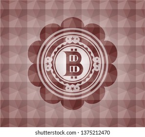 bitcoin icon inside red seamless emblem or badge with geometric pattern background.