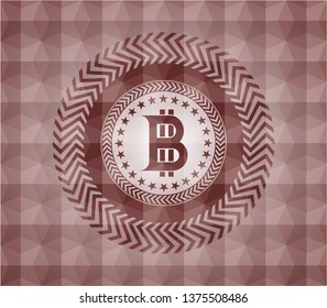 bitcoin icon inside red seamless badge with geometric pattern background.