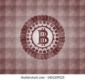 bitcoin icon inside red seamless geometric badge.