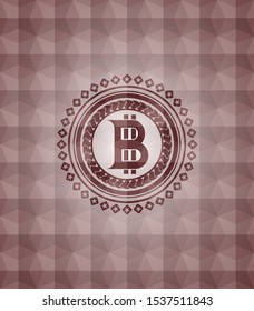 bitcoin icon inside red seamless badge with geometric pattern.