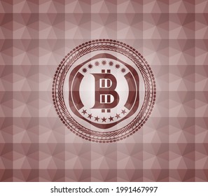bitcoin icon inside red seamless badge with geometric background. 