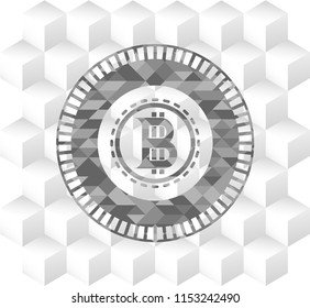 bitcoin icon inside retro style grey emblem with geometric cube white background