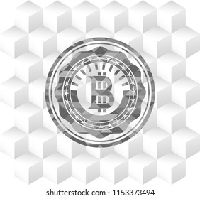 bitcoin icon inside retro style grey emblem with geometric cube white background