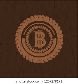 bitcoin icon inside retro style wooden emblem