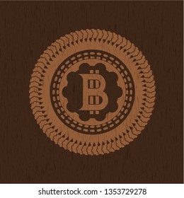 bitcoin icon inside retro style wood emblem