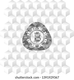 bitcoin icon inside retro style grey emblem with geometric cube white background