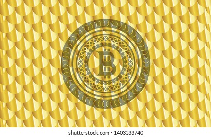bitcoin icon inside shiny golden badge. Scales pattern. Vector Illustration. Detailed.