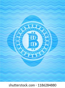 bitcoin icon inside sky blue water emblem background.