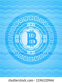 bitcoin icon inside sky blue water wave style emblem.