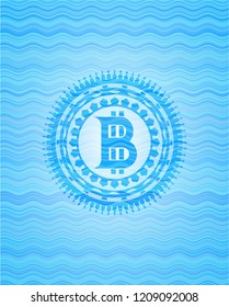 bitcoin icon inside sky blue water wave badge background.