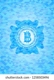 bitcoin icon inside sky blue emblem. Mosaic background
