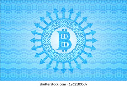 bitcoin icon inside sky blue water emblem background.