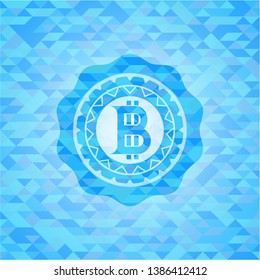 bitcoin icon inside sky blue emblem with mosaic ecological style background