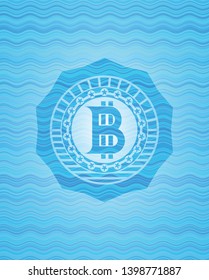 bitcoin icon inside sky blue water wave style emblem.