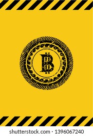 bitcoin icon inside warning sign, black grunge emblem. Vector Illustration. Detailed.