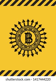 bitcoin icon inside warning sign, black grunge emblem. Vector Illustration. Detailed.