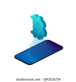 The bitcoin icon levitates over the phone. Mobile screens modern infographic. Diagram template and chart graph. Vector illustration.