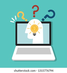 Bitcoin icon in light bulb in head idea and question mark on laptop, computer symbol  flat cartoon design